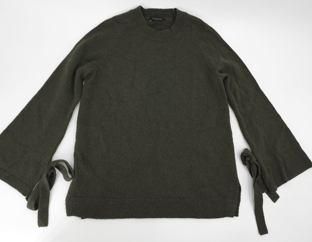 Ann Taylor Pullover Sweater Womens Medium Petite Green Wool Cashmere Tie Sleeve